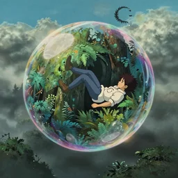 hyperrealist painting of a transparent bubble in the sky from howl's moving castle ( 2 0 0 4 ) with a skinny scientist falling into the jungle. moody, misty, depth perception.