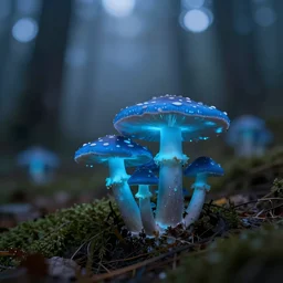 blue forest, glowing mushrooms, sigma lens, strong bokeh, photography, highly detailed, 8 5 mm, f / 1. 3, fog, dusk