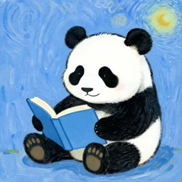 a cute panda is reading, blue background, drawn by van gogh