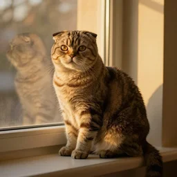 content Scottish fold cat sitting on the window sill portrait, atmospheric lighting, painted, golden ratio, golden hour, intricate, highly detailed by Rembrandt