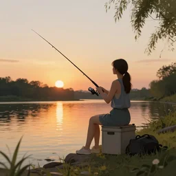 a girl fishing at a river at sunset, digital artwork