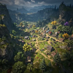 a fantasy world with a small town, deep colours, realistic, highly detailed, unreal engine 5, trending on artstation