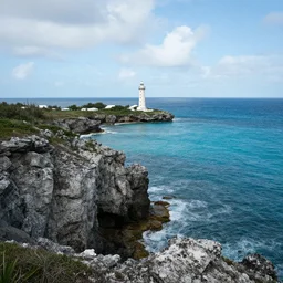 landscape photo of the craggy coastline of southern bermuda with a tower rising from a bay thousands of feet above the ocean