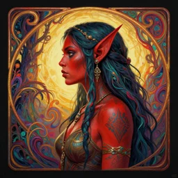 side profile centered painted portrait, female orc forest druid, red skin, native tattoos, d & d, gloomhaven, matte painting concept art, art nouveau, beautifully backlit, swirly vibrant color lines, fantastically gaudy, aesthetic octane render, 8 k hd resolution, by ilya kuvshinov and cushart krentz and gilleard james