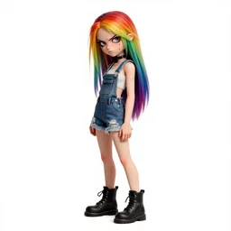 a grungy alternative woman with rainbow hair, drunk, angry, soft eyes and narrow chin, dainty figure, long hair straight down, torn overalls, short shorts, combat boots, basic white background, side boob, symmetrical, single person, style of by Jordan Grimmer and greg rutkowski, crisp lines and color,