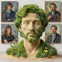 a sculpture portrait made of grass and sand and flowers and plants, painting part by wojciech siudmak, part by ilya repin, part by max ernst, part by norman rockwell, artstation