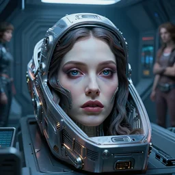 detailed face of a woman with obsidian eyes in a biomorphic sarcophagus, life support chamber, retro 7 0 s sci - fi, tech noir, rim lighting, surreal lowbrow, pj crook, syd mead, livia prima, artgerm, greg rutkowski, nick alm, casey baugh