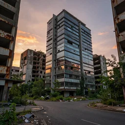 a street view of brutalist architecture by Le Corbusier, abandoned derelict buildings, damaged structures, empty streetscapes, surrounded by lush green vegetation, volumetric lighting, sunset, rusted steel, solid concrete, glass, stunning skies, scattered rubbish and debris, 8k, photorealistic, hyper detailed, unreal engine 5, IMAX quality, cinematic, epic lighting, digital painting by Greg Rutkowski, in the style of DOOM, trending on Artstation