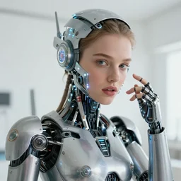 portrait of enraptured young demi moore as a solarpunk mecha humanoid robotic parts with bright led lights, real human face, pudica pose gesture, by michelangelo, in white room, ultra - realistic and intricate, face close up 8 k