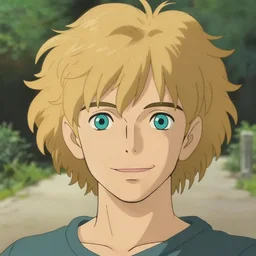 young man with medium - length, curly, golden hair, perfectly proportioned face, aquamarine eyes, sweet smile, natural lighting, path traced, highly detailed, high quality, cartoon, digital painting, by new haicheng and studio ghibli