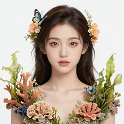 hyperrealistic detailed portrait of a girl, with flowers, butterflies, corals, sea kelp, sea plants, starfish, jellyfish, bacteria, skeletons, golden filigree, art by ernst haeckel, john william godward, hammershøi, alphons mucha, pontormo, ornamental, decorative, art nouveau, lights by hopper, pastel colours,