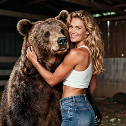 color photograph portrait of a muscular woman hugging a bear in a barn. night, summer, warm lighting, 1 9 9 0 photographs from life magazine.