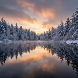 landscape photography, lake, trees covered in snow, sunset, dramatic lighting, reflections, beautiful, michal karcz