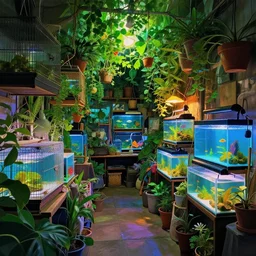 messy cozy store with cluttered hanging cages and bright aquariums, dense verdant foliage, dim painterly lighting volumetric aquatics, impasto, trending on pixiv