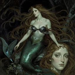 dark evil beautiful mermaid with long flowing hair, by N.C. Wyeth, j.c. Leyendecker, face by Otto Schmidt