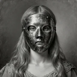 The beautiful woman in steel full-face occult mask in the old masters style, grisaille, highly detailed oil painting, 4k, masterpiece