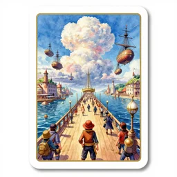dixit card, vanishing point, docks, airships, banners, parade, skypirate, porko rosso, foreground watcher, cumulonimbus, intricate, amazing composition, colorful watercolor, by ruan jia, by maxfield parrish, by shaun tan, by nc wyeth, by michael whelan, by escher, illustration, volumetric, bloom, sun puddle