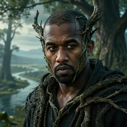 an ultra realistic, cinematic, headshot portrait, of an evil tree wizard, kanye west, fantasy, elden ring, branches wrapped, facial features, background of a vast serene landscape, with trees and rivers, detailed, deep focus, movie still, dramatic lighting, ray tracing, by michal karcz and yoshitaka amano