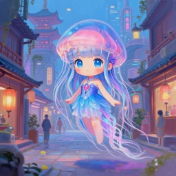 jellyfish fairy princess in the streets of japan, chibi cute anime scenery, sci - fi futuristic utopia scene. trending on artstation and pixiv. a vibrant digital oil painting. a highly detailed fantasy character illustration by wayne reynolds and charles monet and gustave dore and carl critchlow and bram sels