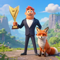 a photo of happy agent 4 7 with a fox, studio photo, stunning scenery, award winning photo