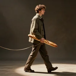 a man walking a baguette on a leash
