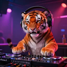 a cute tiger as a dj in a night club, lights, headphones, ultra detailed 8 k, realistic photo