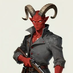 game concept sketch art handsome young man, crimson skin with white spots, large curved black and white striped ibex horns on a head, tattered slate - gray collared coat with red buttons, old musket in right hand, by makoto shinkai, elegant, morandi color scheme, 8 k resolution, octane render, commission art