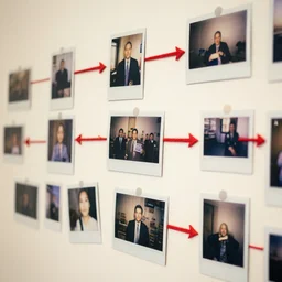 a wall of photographs linked together by red arrows and yarn, made by a schizophrenic journalist, polaroid photograph