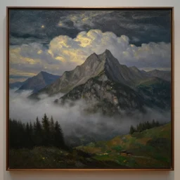 a beautiful oil painting of a swiss landscape with subtle asperitas clouds coming out of heaven, fog, dark, volumetric lighting, tall mountains in the background, starry night, very detailed, cirrus, green accents, gold accents, washed out colors, ultrarealistic, master level composition, exhibit at the louvre museum
