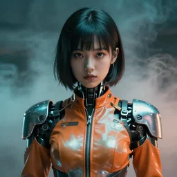 ( ( symmetry ) ) closeup portrait of a chrome mech cyborg android girl, fashion racer jumpsuit with shoulder pads, cinematic light, teal orange, viscous volumetric smoke, mist, by gerald brom, by mikhail vrubel, by peter elson, muted colors, extreme detail, trending on artstation, 8 k