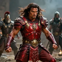 film still from conan the barbarian, jason momoa as conan, wearing royal crimson fantasy ornate spartan dragon scale armor, volumetric lighting, wet skin and windblown hair, muscular!!!, battle action pose, frank frazetta, boris vallejo, greg rutkowski cinematic light, frank miller, ridley scott, high contrast