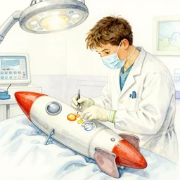 a doctor performing surgery on a rocket, watercolor by eric carle, traced by pencil, high detail, peaceful mood