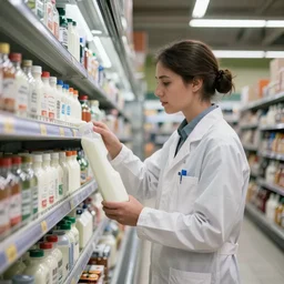 a data scientist taking milk from a supermarket fridge, photograph