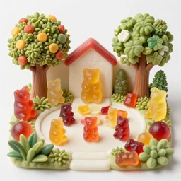 Bosch Garden of Earthly Delights, candy, sculpted out of candy, gummy candies, gummy bears, gummy worms, colorful award-winning photo of candy, happy smiley