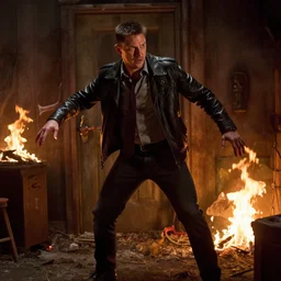 film still of Tom Hardy as Max Payne trying to escape a creepy funhouse that is on fire in the Max Payne movie, 4k