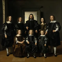 super quality family portrait in the main room of the castle painted in 1 6 5 6, dark room, one point of light coming through the back door inspired by las meninas, clear spaces between each subject and good detail and realistic eyes, faces for each person in the canva, inspired by diego velasquez baroque style
