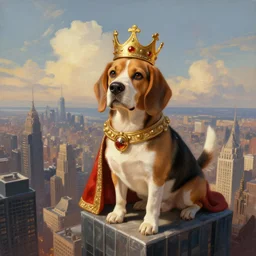 a fantasy painting of a beagle dog as a king, stood on a skyscraper overlooking a vast city, cinematic, beautiful lighting, dramatic