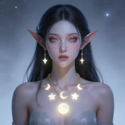 a portrait of a galaxy as an androgynous druid spirit wearing five necklaces of moons and stars, wearing a glowing crown of black holes, stylized face, black eyes and black lipstick, draped in transparent cloth, colorful, flat watercolor, occult, ornate, minimal, bust by alphonse mucha, decorative art nouveau border, astrophotography, vast cosmos, digital illustration, trending on artstation