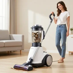 a vacuum cleaner that has a built in blender that mixes the dirt and cleans the vacuum cleaner. prototype photo and demonstration with supermodel