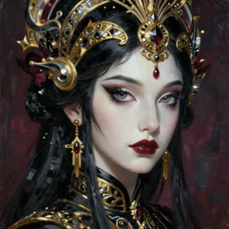 portrait of a beautiful goddess, enigmatic beauty, dominant shades of black, gold, silver, dark red, white, head in focus, fantasy art, ornamental aesthetics, intricate, elegant, highly detailed, hyperrealistic painting, artstation, concept art, painterly, sharp focus, illustration, art by karol bak