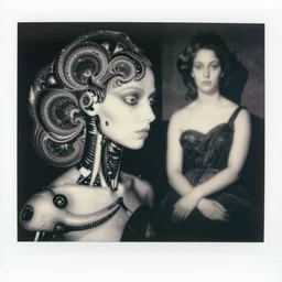 a black and white photo of cybernetic androgyny, mandelbrot, in the style of egon schiele, jenny saville, m c escher, surreal, film photography, soft lighting, fashion photography, polaroid photography