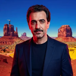 ultra realistic portrait of turkish comedian cem yilmaz in a studio, ultra detailed, under blue, red and yellow cinematic lighting, salvador dali, cartoon, monument valley, escher