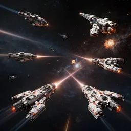 spaceships from every game battling in outerspace. small laser beams, explosions, simulated space combat, high detail, 8 k, artstation, cinematic lighting, intricate, highly detailed, hdr, sharp, focus, zoomed out