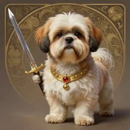 a anthropomorphic shih - tzu warrior, holding a sword, diffuse lighting, fantasy, intricate, elegant, highly detailed, lifelike, photorealistic, digital painting, artstation, illustration, concept art, smooth, sharp focus, naturalism, trending on byron's - muse, by greg rutkowski and greg staples and alphonse mucha