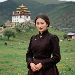 vintage_portrait_photo_of_a_beautiful_beautifully_lit_nepalese_Victorian_woman_in_a_lush_valley_with_a_tibetan_monastery_on_a_rock_in_the_background