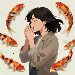 a ultradetailed beautiful panting of a stylish woman surrounded by floating koi fish, by conrad roset, greg rutkowski and makoto shinkai, trending on artstation