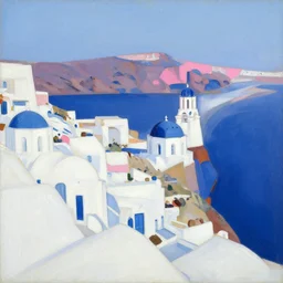 abstract landscape painting of seaside town santorini, white, blue, pink, by david bomberg, borgeaud, marius borgeaud, sonia delaunay, richard diebenkorn, ilse d'hollander, etel adnan