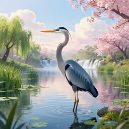 a majestic blue heron in shallow river with waterfalls in distance, lake surrounded by beautiful willow and cherry blosom trees, lily pads, bullrushes, marsh, puffy clouds, morning dawn, highly detailed digital art, sylized, featured on artstation