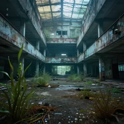 abandoned mall, under water, muted lighting, psychedelic, at night, aquatic plants 🪴