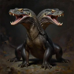 full bodyshot!! symmetry!! a cross between a komodo dragon and a giant ferret, with a vipers head!! six short legs, a jaw featuring multiple rows of teeth, sleek dark fur, dark fantasy, in the style of frank frazetta, oil painting, d & d, top teir artstation